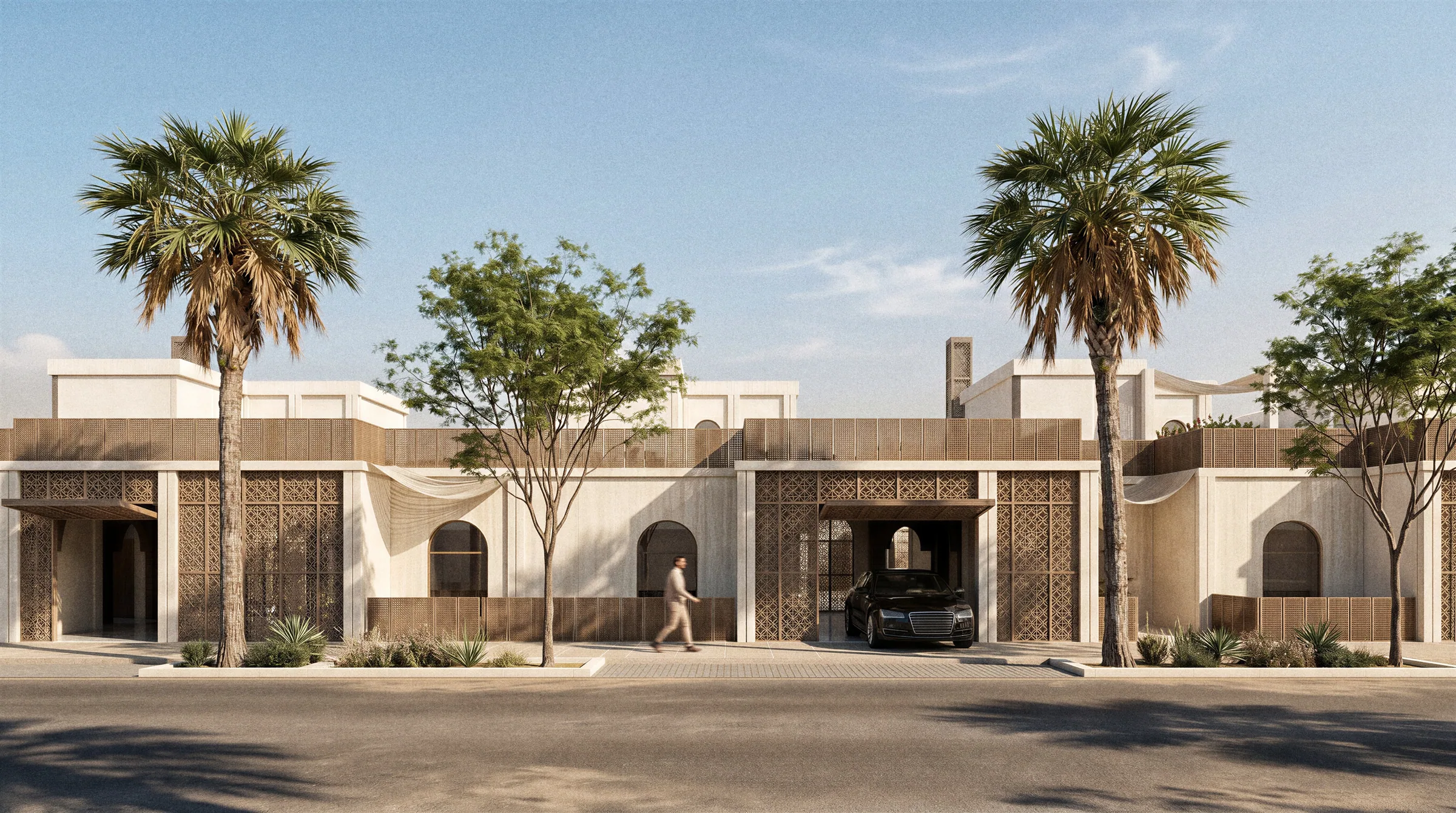 Maison émirati imprimée — façade avec palmiers