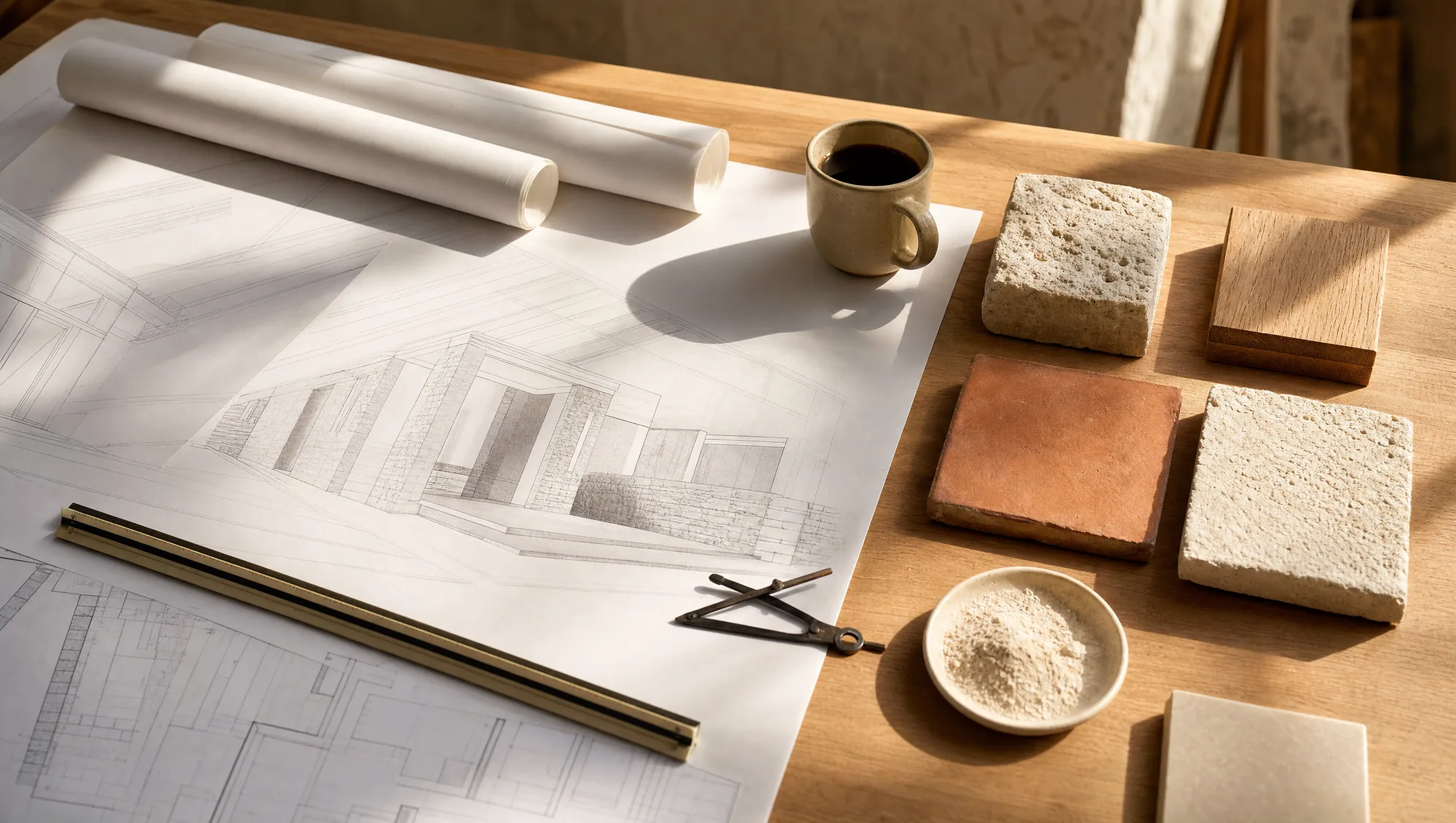An architect's working table in a sunlit Mediterranean studio, with drawings, a scale rule, dividers and samples of stone, lime, timber and terracotta