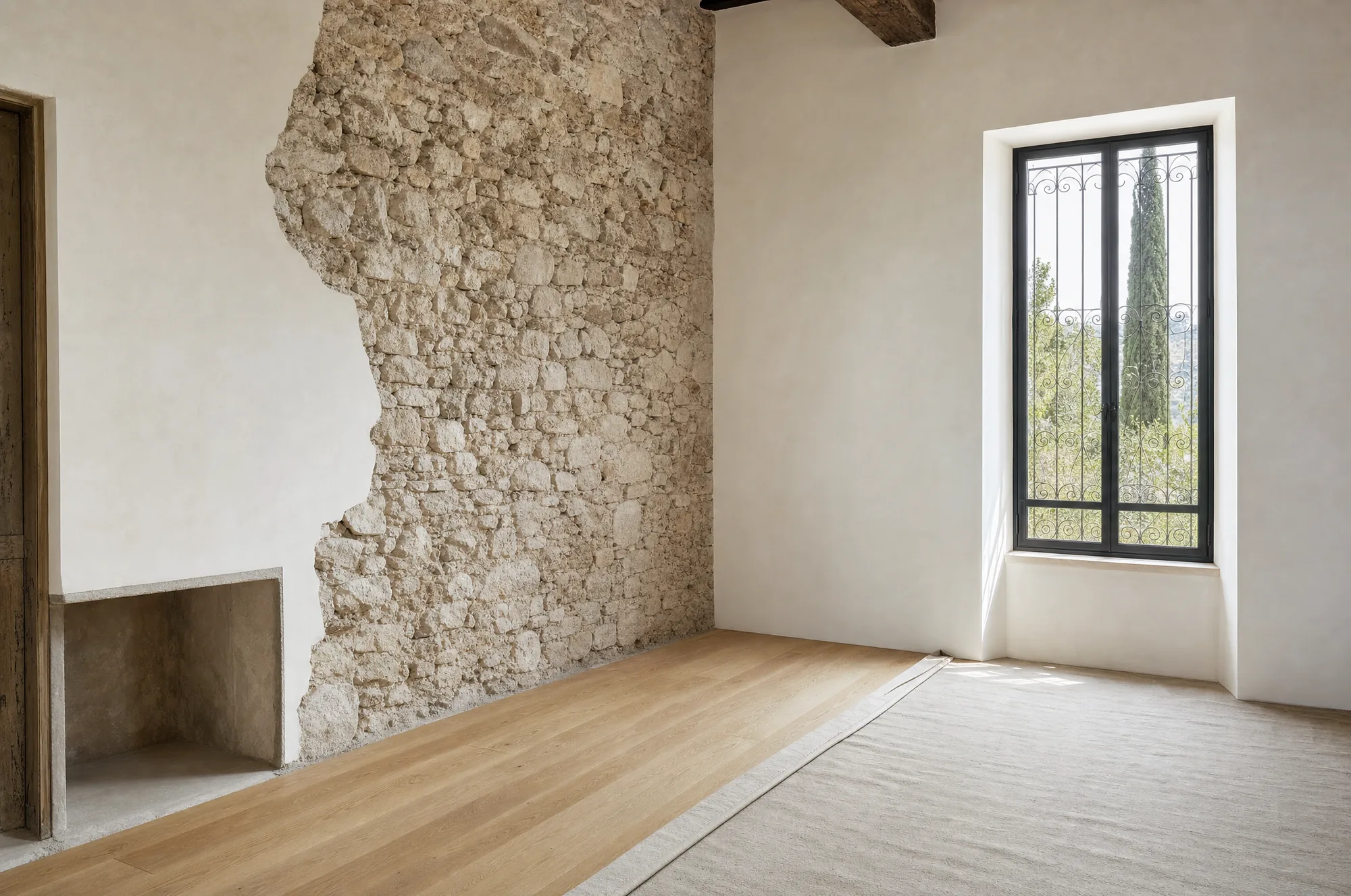 A room mid-renovation where a section of old lime plaster has been stripped back to the rubble stone wall beneath, while the adjacent wall is already finished in fresh lime