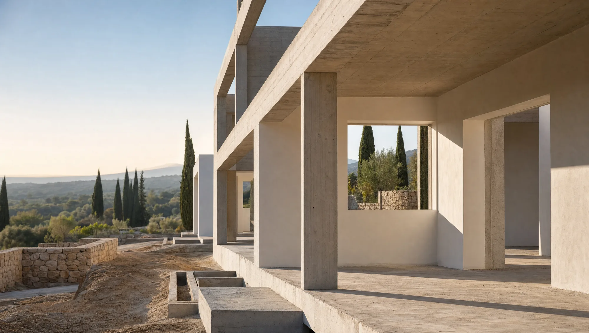 A new villa under construction in the South of France, its concrete frame and lime-rendered walls set against a landscape of cypress and dry stone terraces