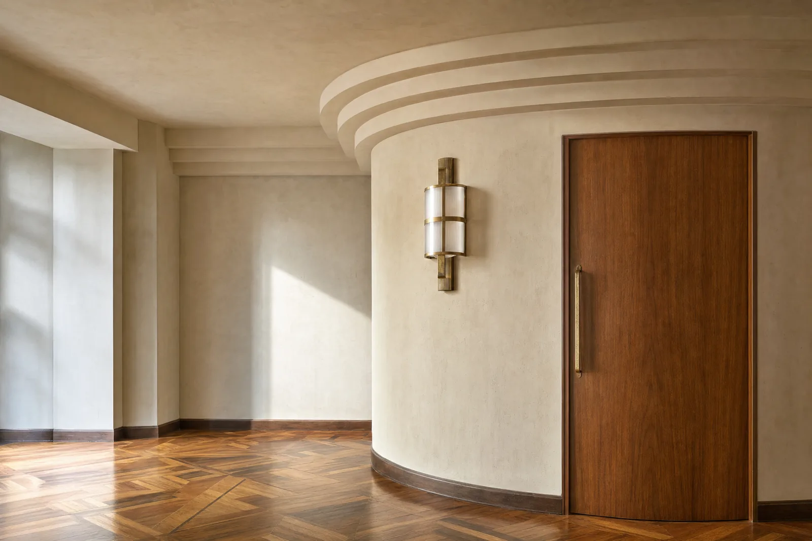 Detalle interior de un departamento art decó: cornisa escalonada original, muro curvo, parquet geométrico restaurado y una puerta nueva de madera tropical con jaladera de latón