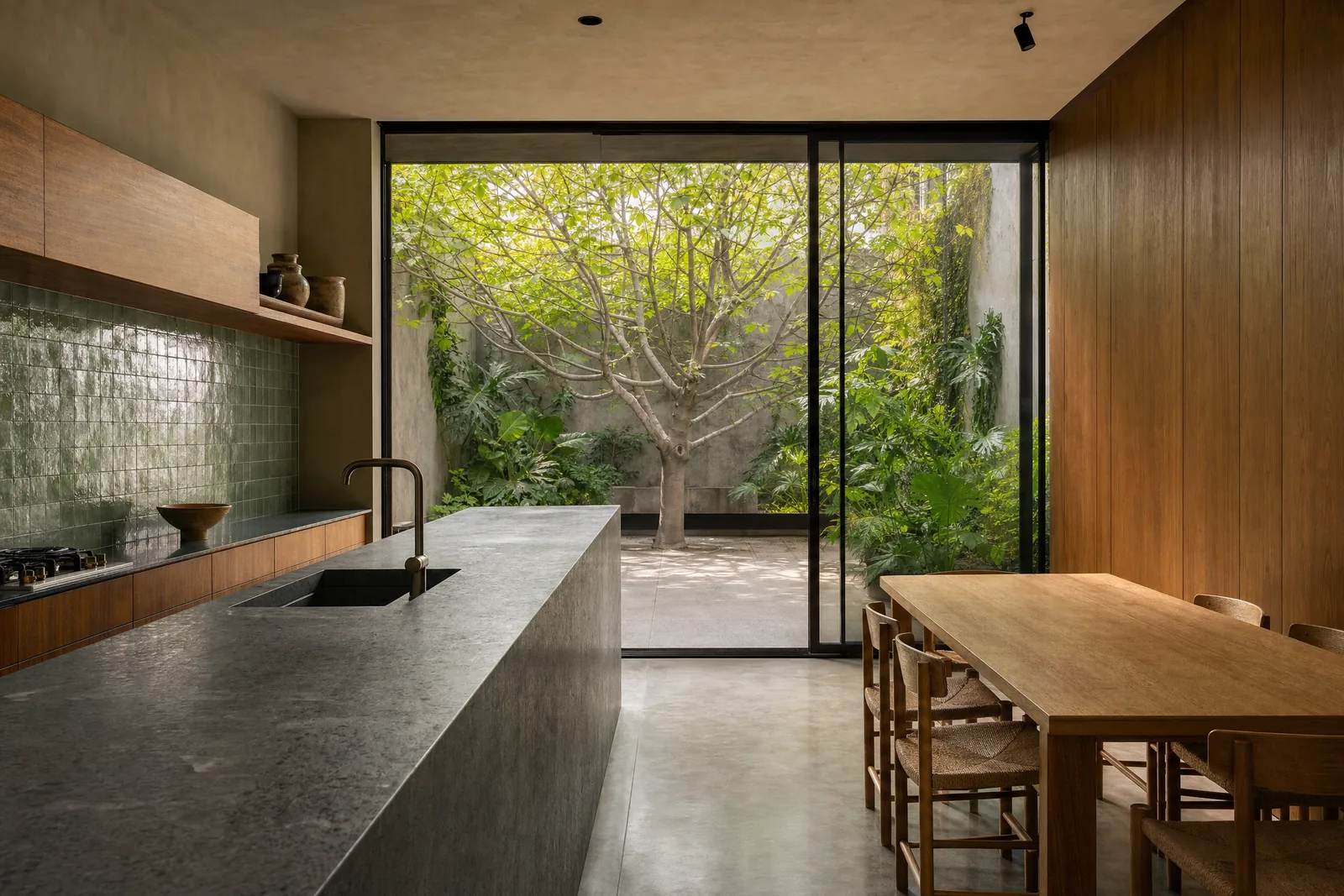 Cocina y comedor de una casa de mediados de siglo remodelada, con isla de piedra volcánica honeada y un muro de vidrio corredizo abierto a un patio con higuera