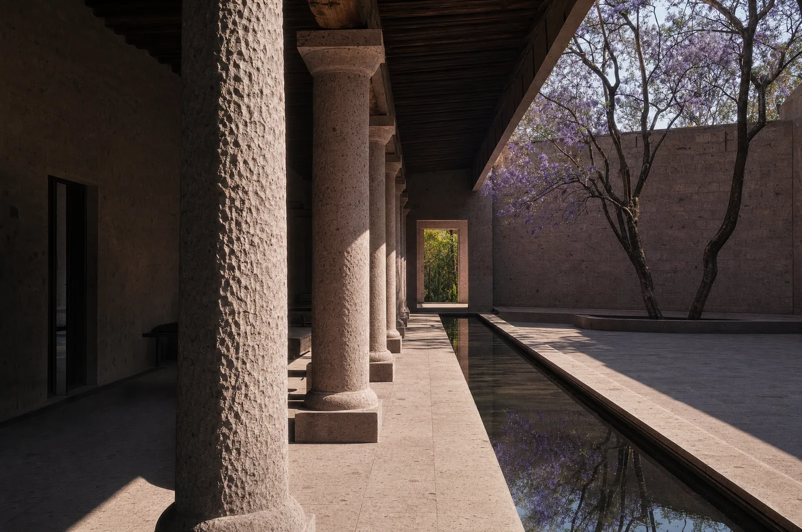 Patio en la Ciudad de Mexico con una columnata de cantera rosa labrada a mano y un canal de agua en calma que corre por el centro