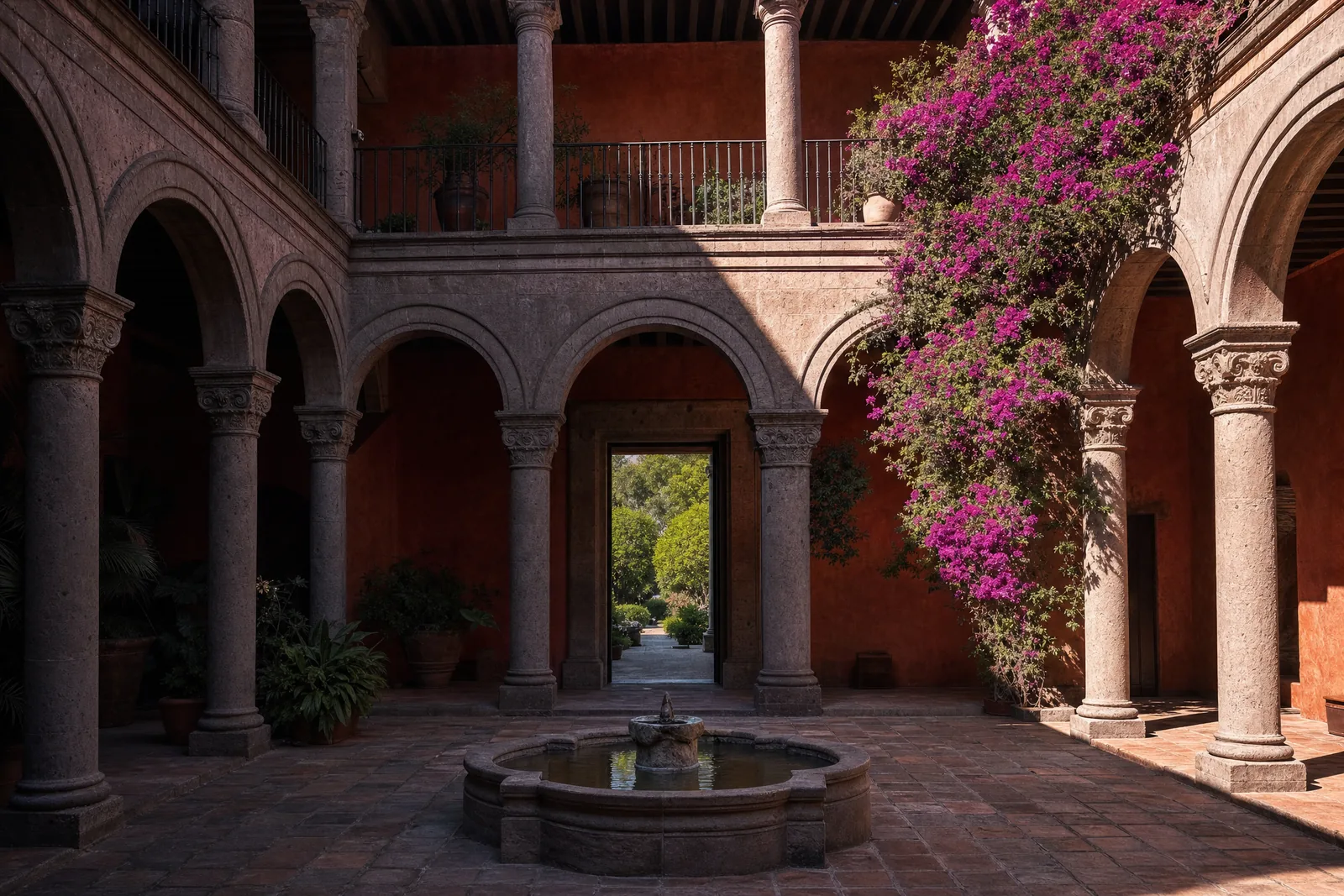 Patio interior de una casona restaurada en la Ciudad de México, con arcadas de columnas de cantera rosa labrada, muros de cal terracota y una fuente de piedra