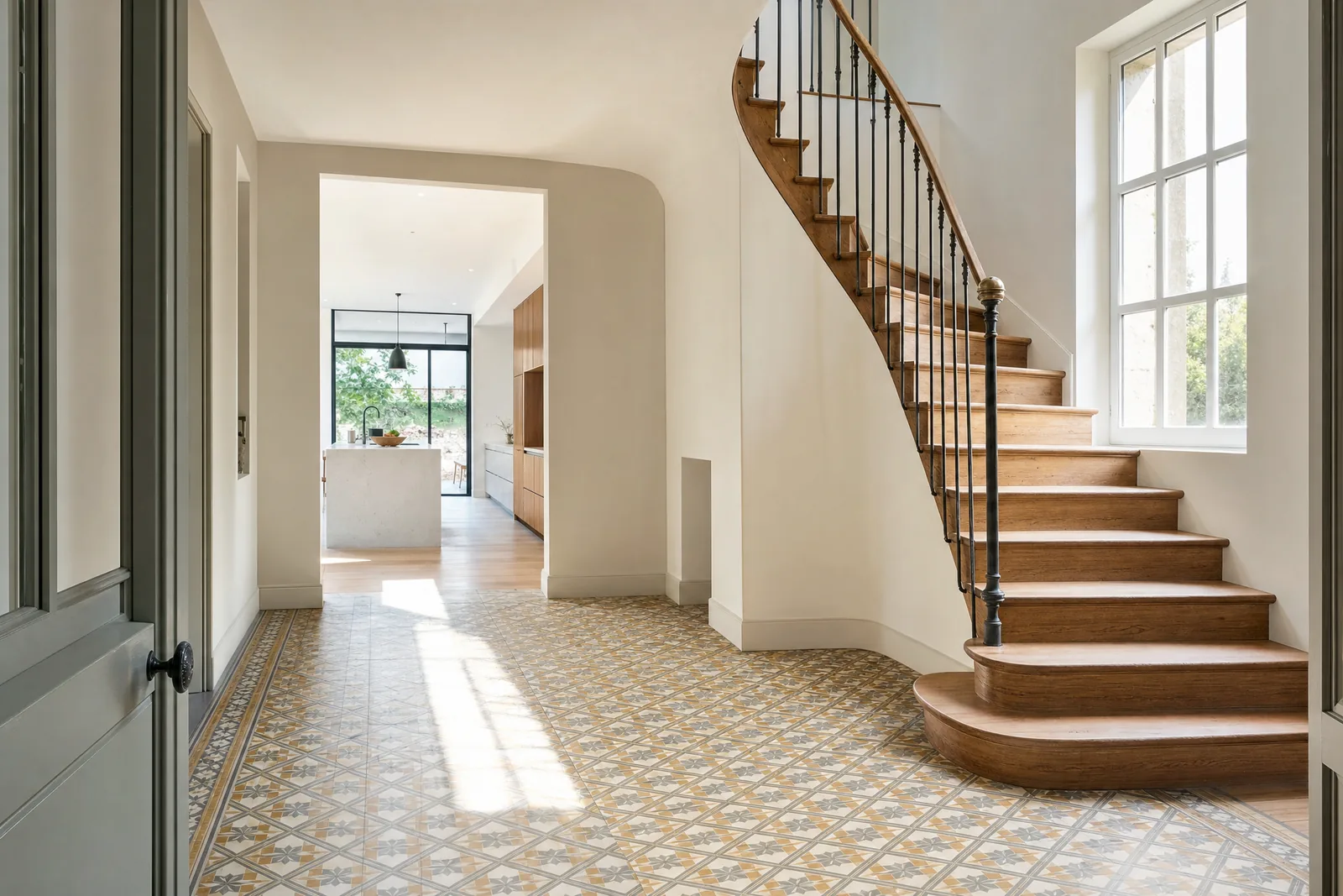 Entrée d'une maison en meulière rénovée : carreaux de ciment à motif géométrique, escalier de chêne, et une large ouverture vers une cuisine contemporaine au fond