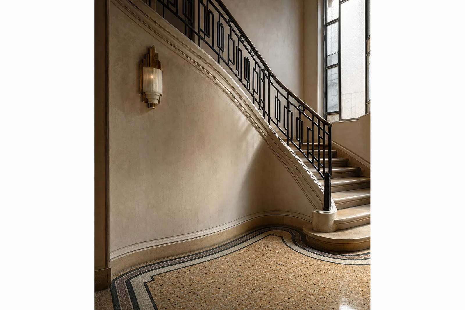 Detail Art deco d'un immeuble des annees 1930 : sol de terrazzo a frise geometrique, mur courbe en platre poli et rampe de fer forge a motif etage