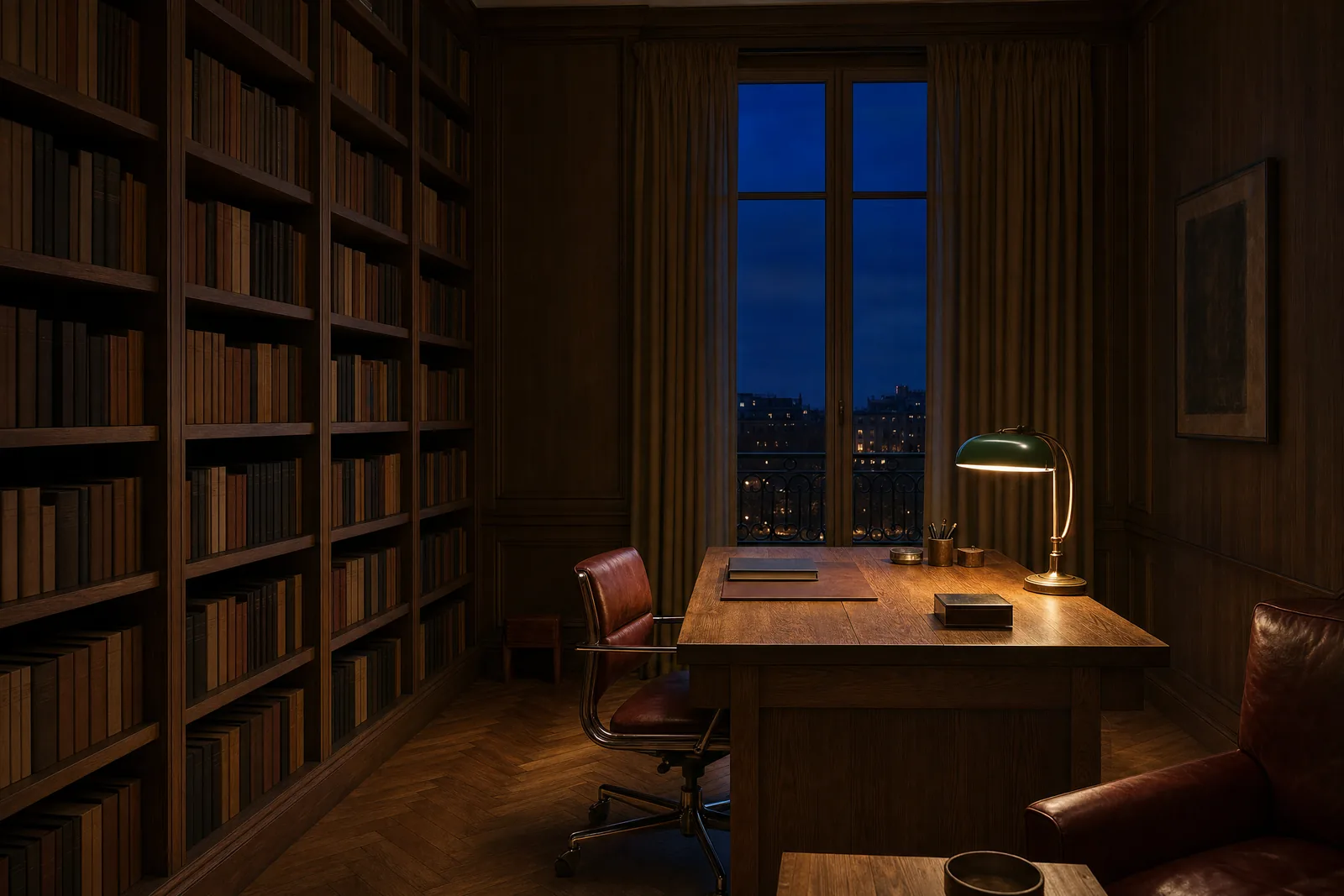 Bibliotheque et bureau d'un appartement au crepuscule, boiseries de chene sombre et lampe a abat-jour vert, la ville allumee derriere la fenetre