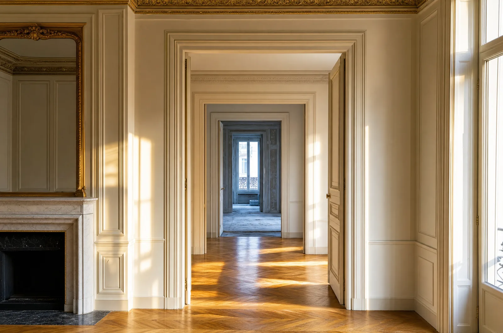 Enfilade d'un appartement haussmannien ou la premiere piece est restauree et la derniere encore a nu, le chantier progressant d'un bout a l'autre