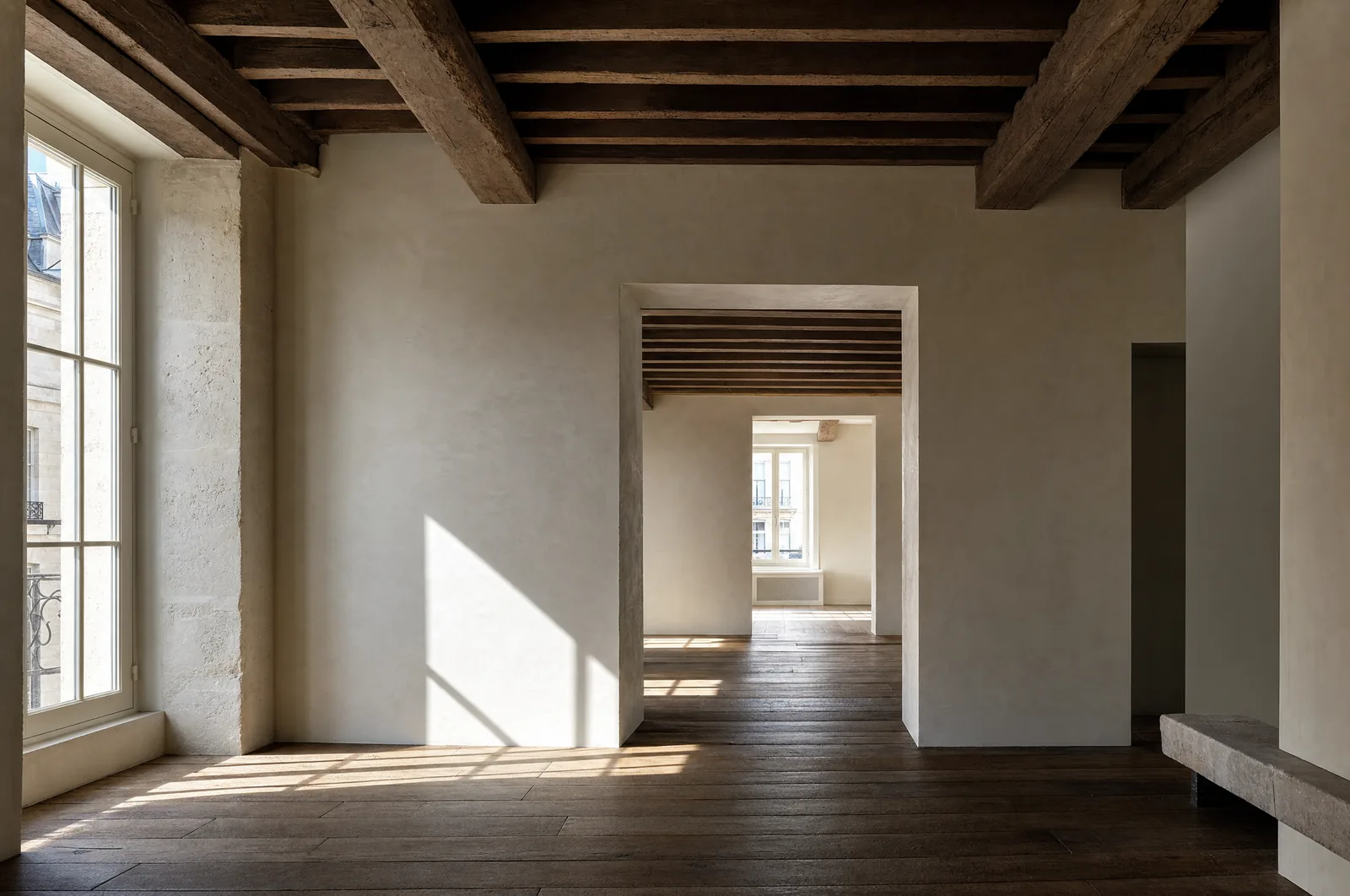 Interieur d'un appartement du Marais apres intervention contemporaine : poutres de chene apparentes, enduit a la chaux et percement net dans un mur de pierre