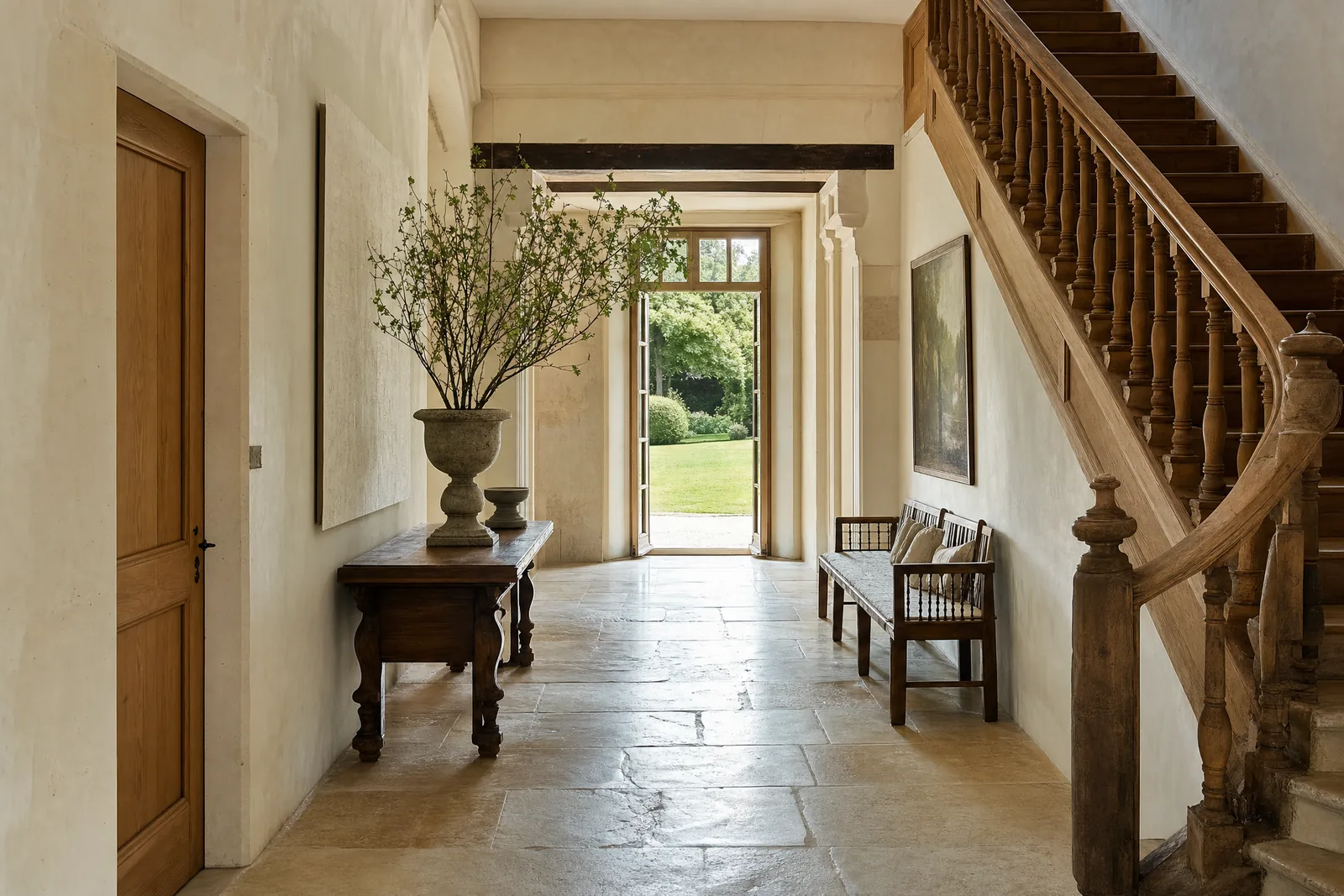 Vestibule d'une demeure du Val de Loire amenagee pour recevoir : escalier de chene, dallage de pierre, et une porte discrete vers la partie privee