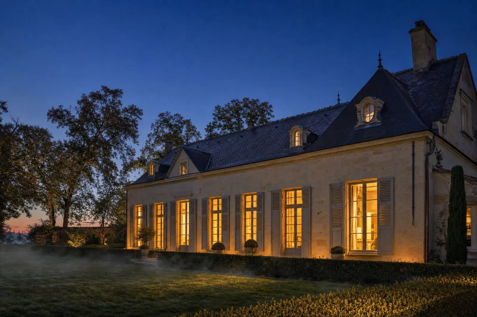 Maison de campagne du Val de Loire au crepuscule, toutes ses fenetres eclairees, brume legere sur la pelouse