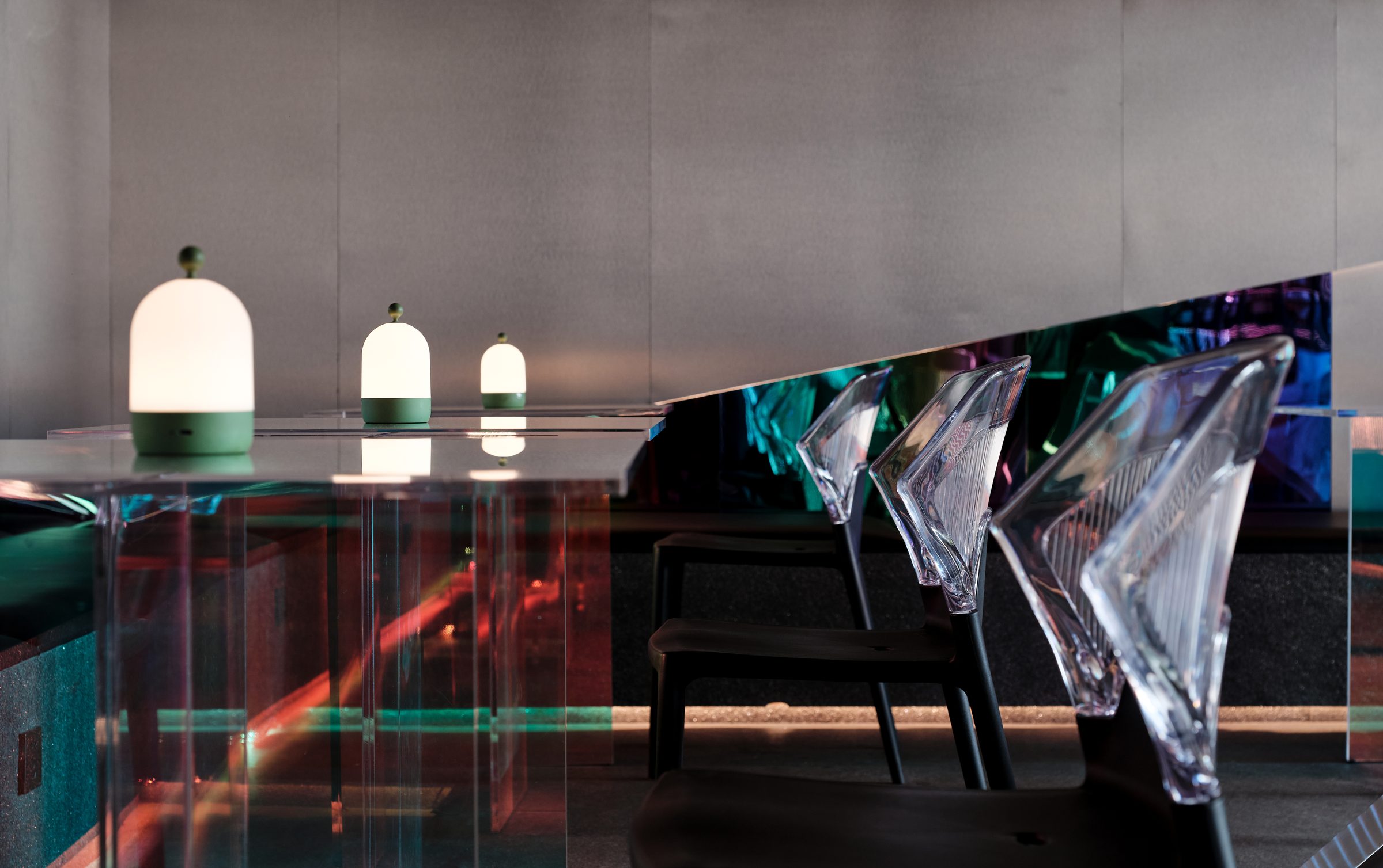 Glass counter bar with backlit shelving, Shanghai